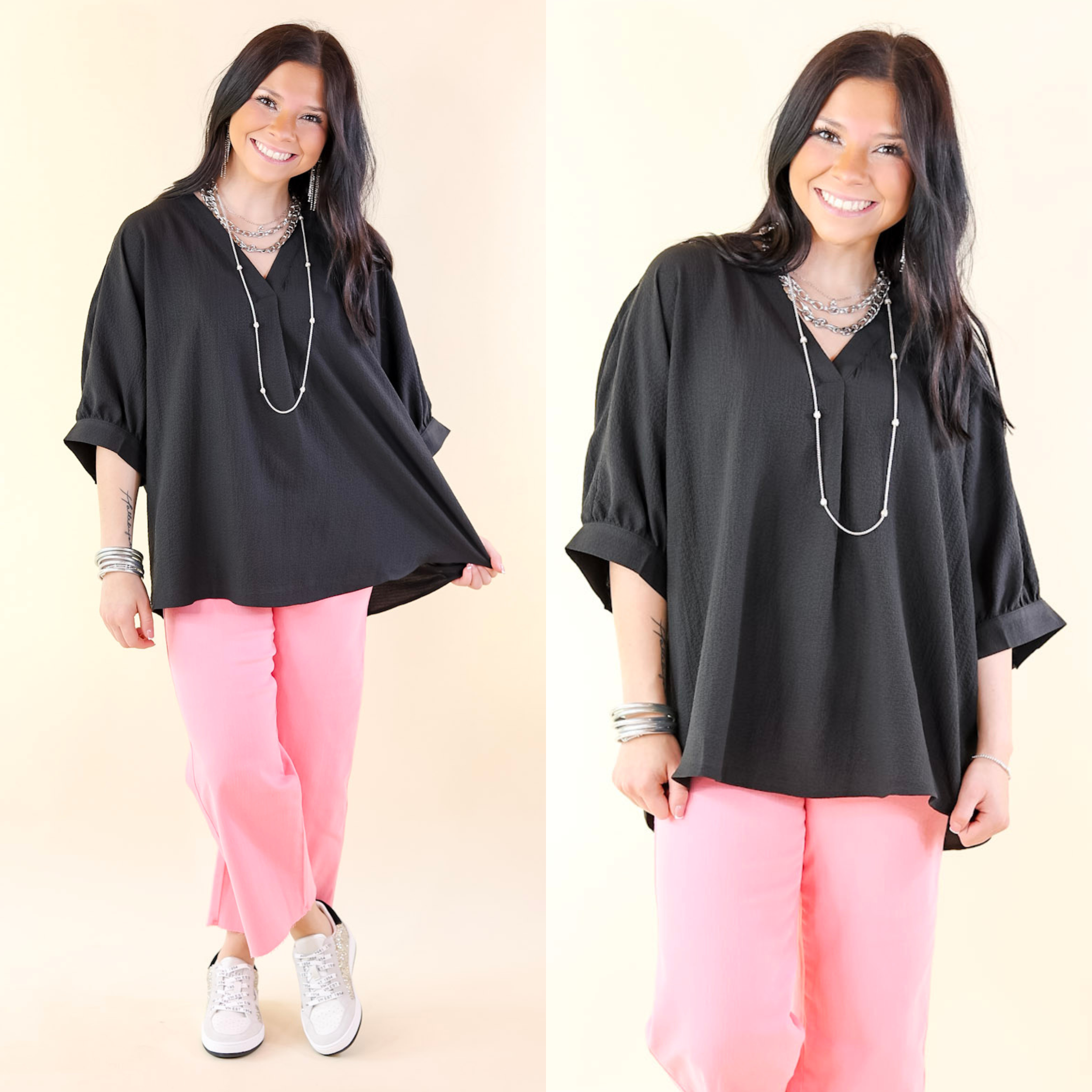 Chic and Charming V Neck Top with 3/4 Sleeves in Black - Giddy Up Glamour Boutique