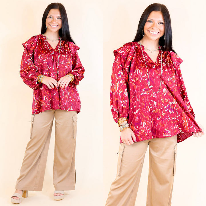 Last Chance Size Small and Large | Sweet Charisma Abstract Print Blouse with Notched Neckline in Maroon