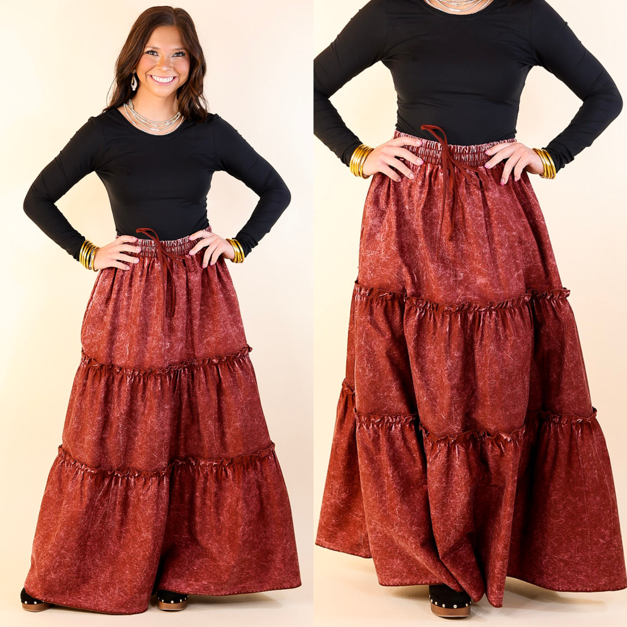 Boho Bliss Acid Wash Tiered Ruffle Maxi Skirt in Dark Rusted Red