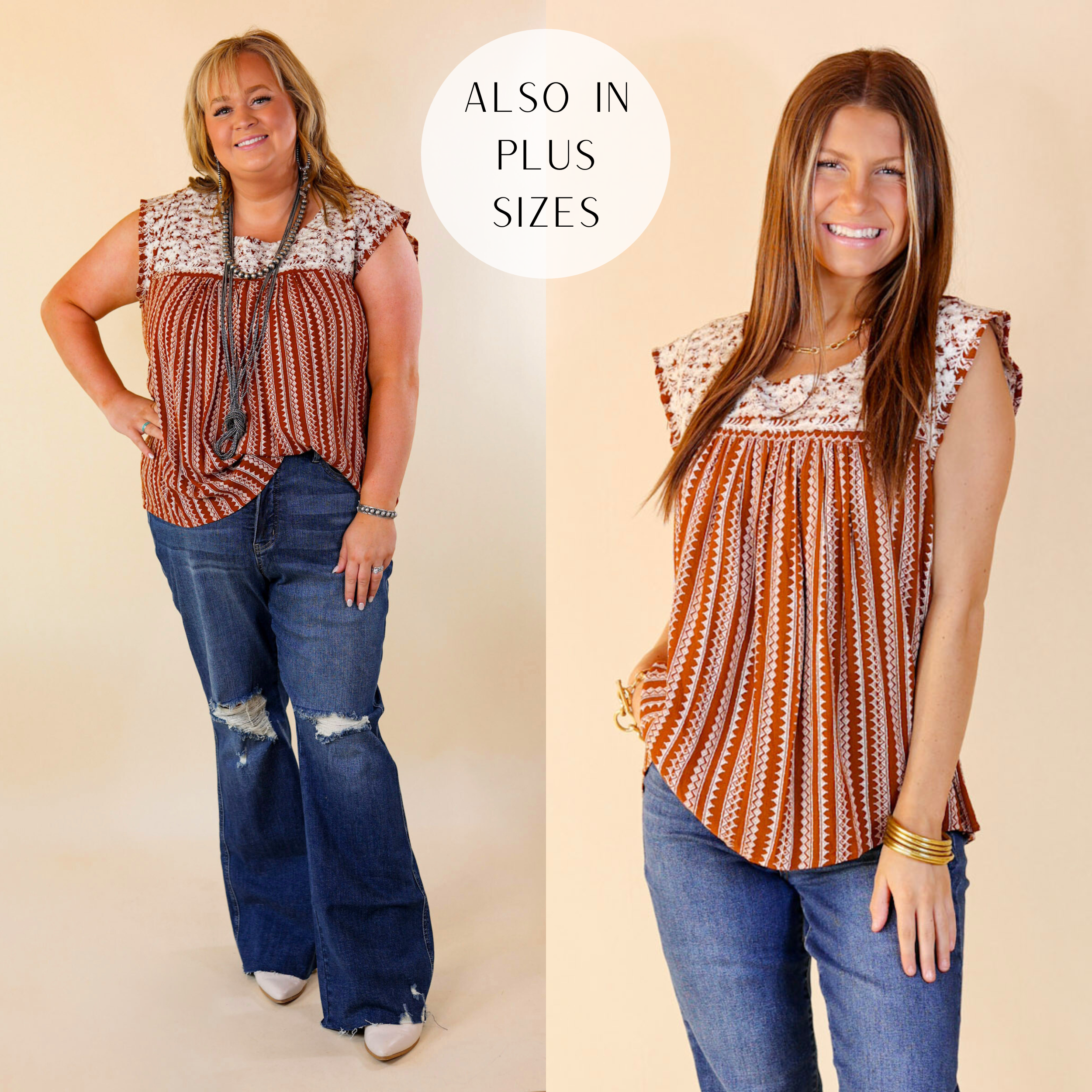 Model is wearing a Rust colored top with white embroidery and a striped white tribal pattern. Model has this paired with distressed jeans, white booties, and silver jewelry.