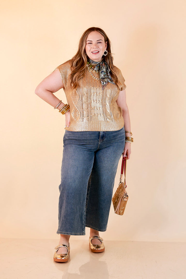 All That Glitters Metallic Cable Knit Sleeveless Mock Turtleneck Sweater Top in Gold