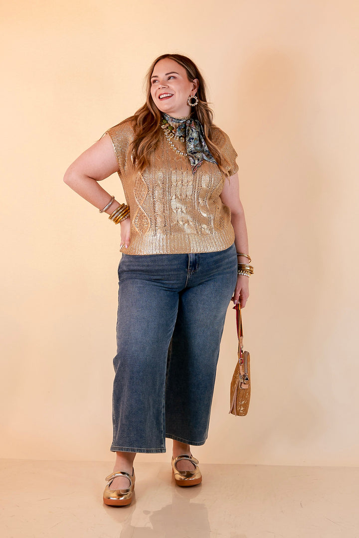 All That Glitters Metallic Cable Knit Sleeveless Mock Turtleneck Sweater Top in Gold