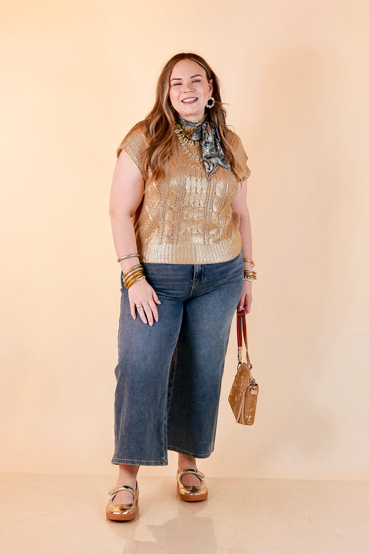 All That Glitters Metallic Cable Knit Sleeveless Mock Turtleneck Sweater Top in Gold