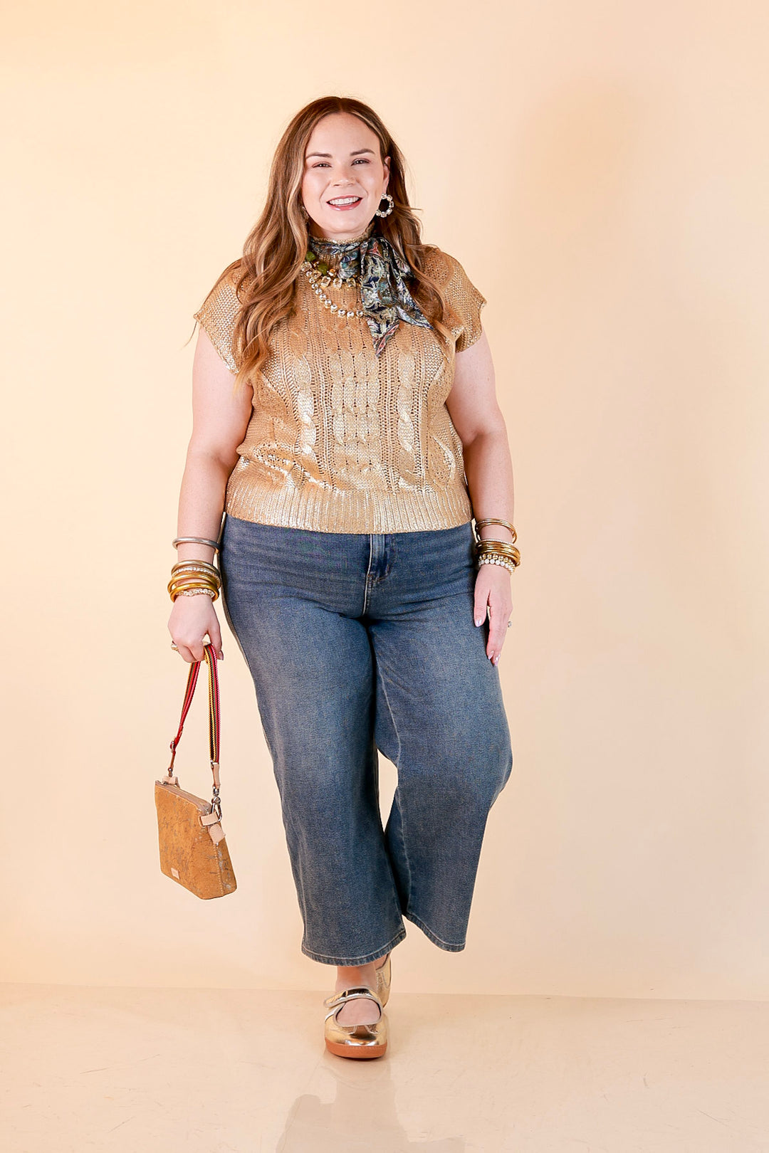 All That Glitters Metallic Cable Knit Sleeveless Mock Turtleneck Sweater Top in Gold