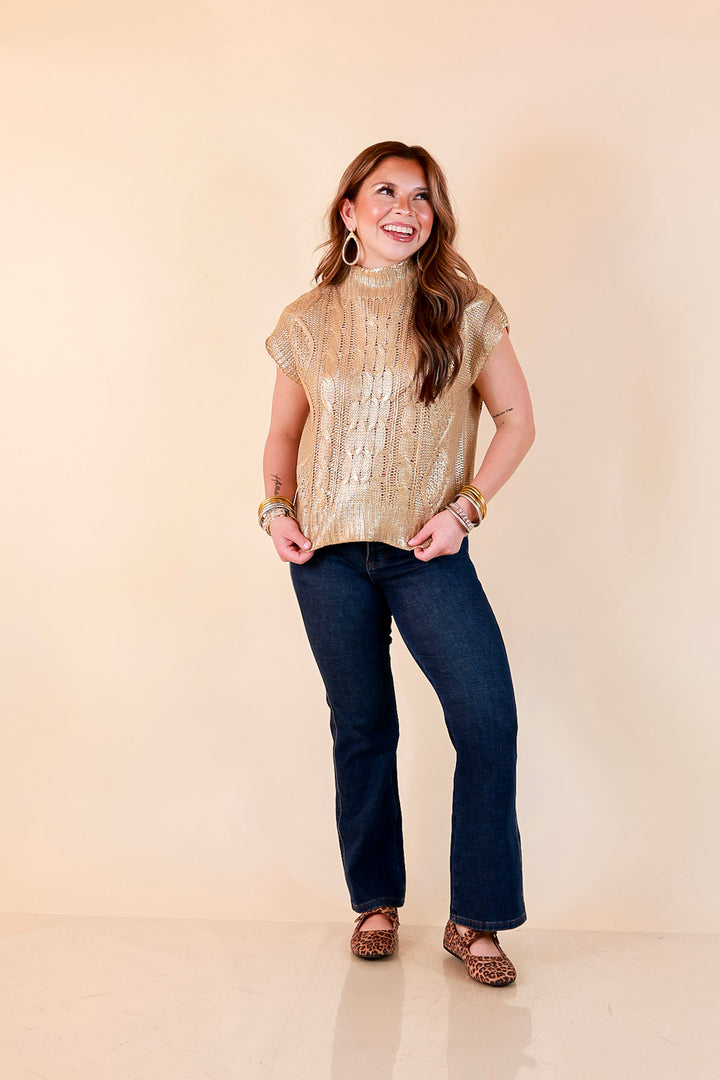 All That Glitters Metallic Cable Knit Sleeveless Mock Turtleneck Sweater Top in Gold