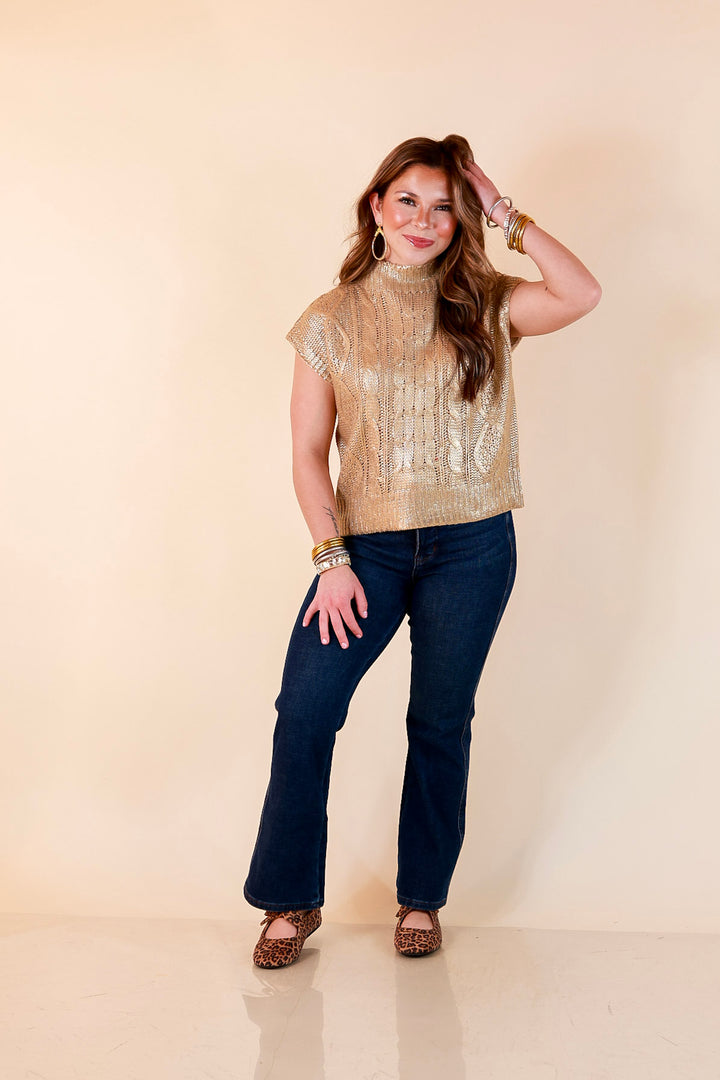 All That Glitters Metallic Cable Knit Sleeveless Mock Turtleneck Sweater Top in Gold