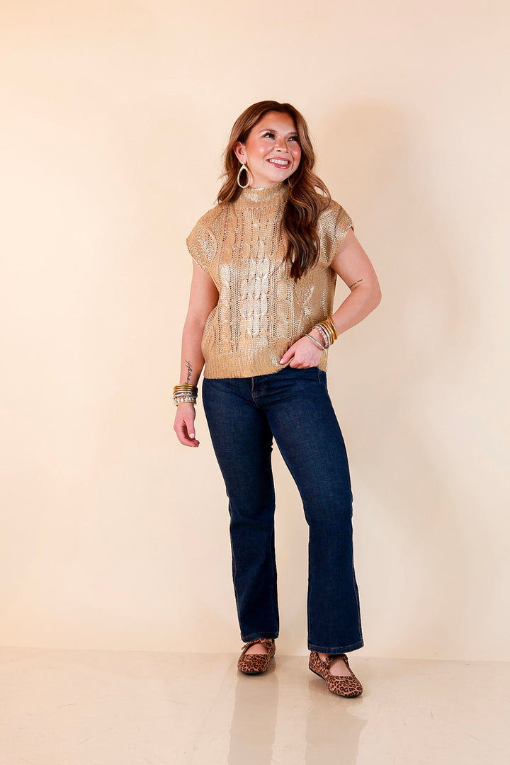 All That Glitters Metallic Cable Knit Sleeveless Mock Turtleneck Sweater Top in Gold