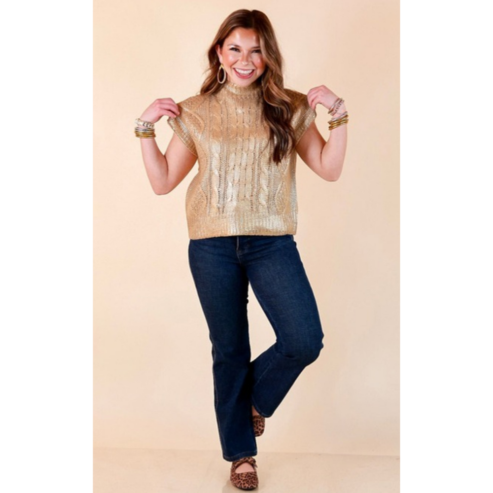 All That Glitters Metallic Cable Knit Sleeveless Mock Turtleneck Sweater Top in Gold