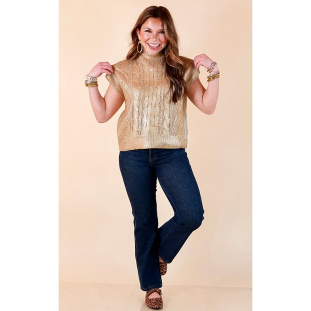 All That Glitters Metallic Cable Knit Sleeveless Mock Turtleneck Sweater Top in Gold