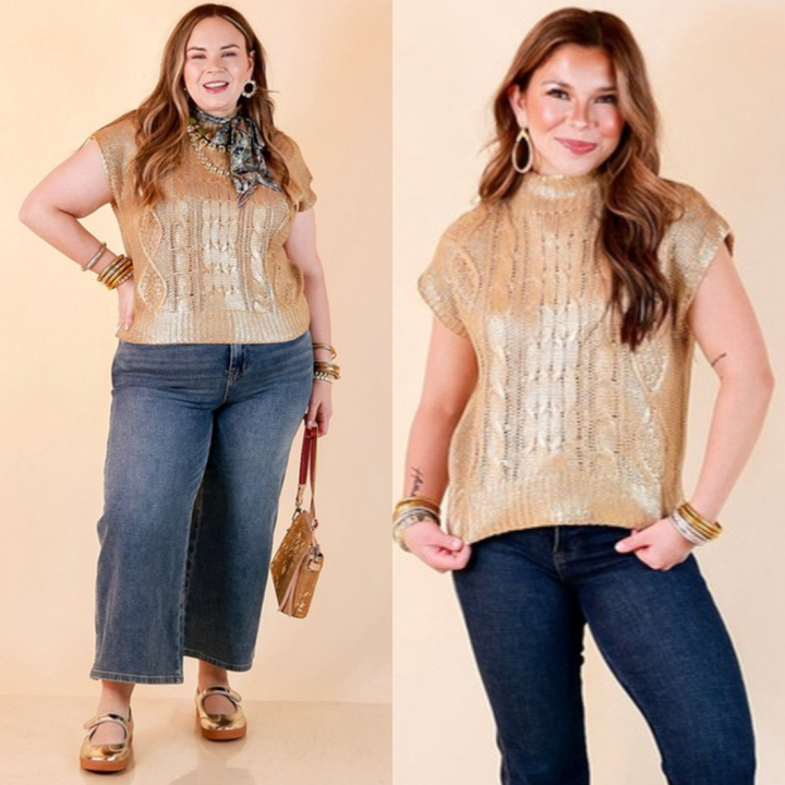 All That Glitters Metallic Cable Knit Sleeveless Mock Turtleneck Sweater Top in Gold