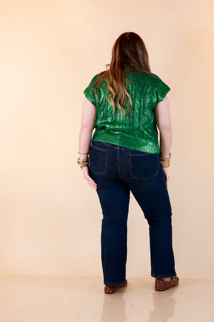 All That Glitters Metallic Cable Knit Sleeveless Mock Turtleneck Sweater Top in Green