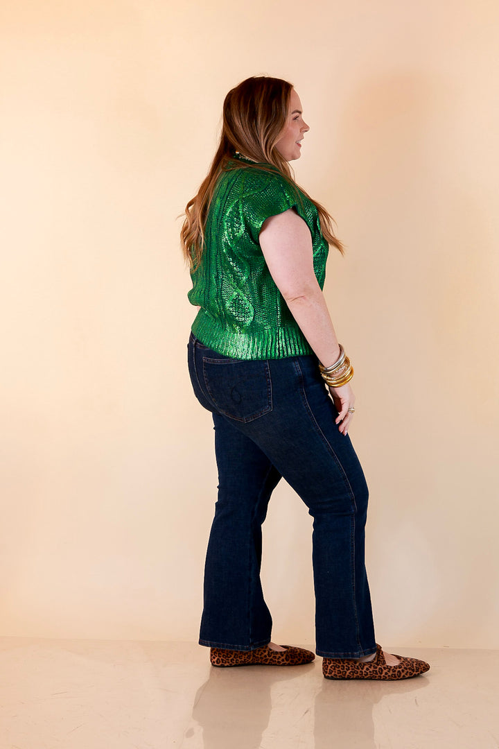 All That Glitters Metallic Cable Knit Sleeveless Mock Turtleneck Sweater Top in Green