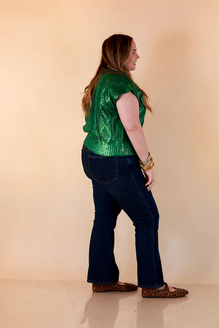 All That Glitters Metallic Cable Knit Sleeveless Mock Turtleneck Sweater Top in Green