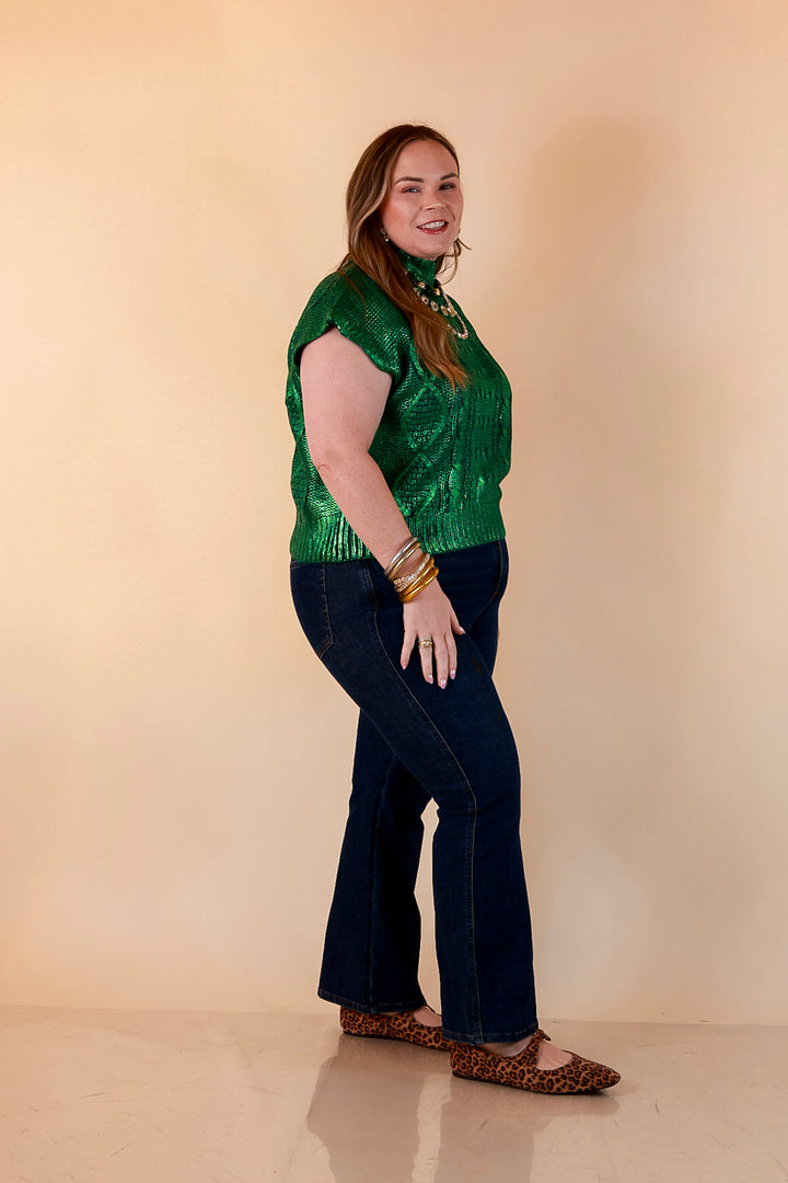All That Glitters Metallic Cable Knit Sleeveless Mock Turtleneck Sweater Top in Green