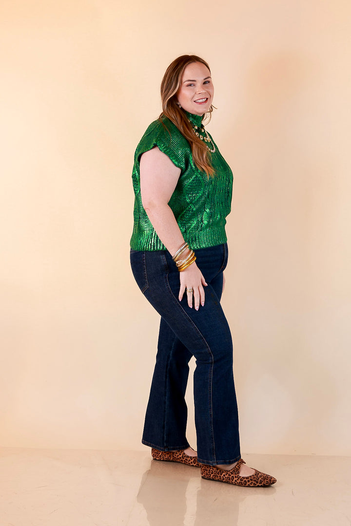 All That Glitters Metallic Cable Knit Sleeveless Mock Turtleneck Sweater Top in Green