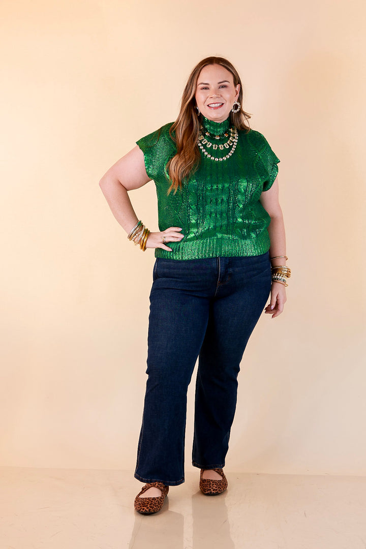 All That Glitters Metallic Cable Knit Sleeveless Mock Turtleneck Sweater Top in Green