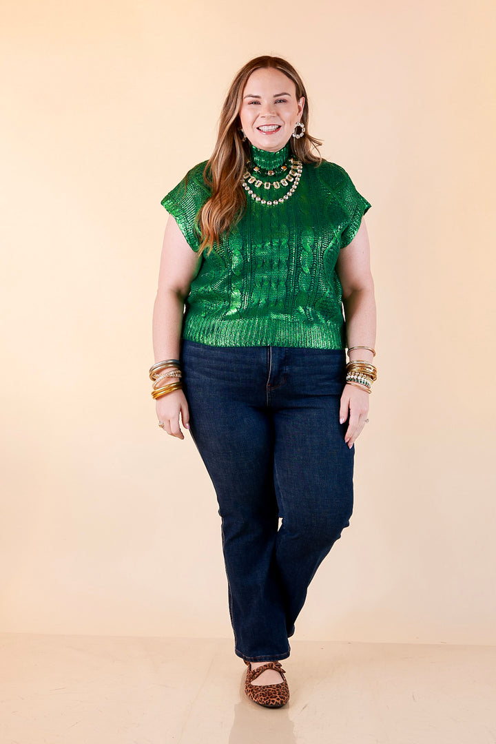 All That Glitters Metallic Cable Knit Sleeveless Mock Turtleneck Sweater Top in Green