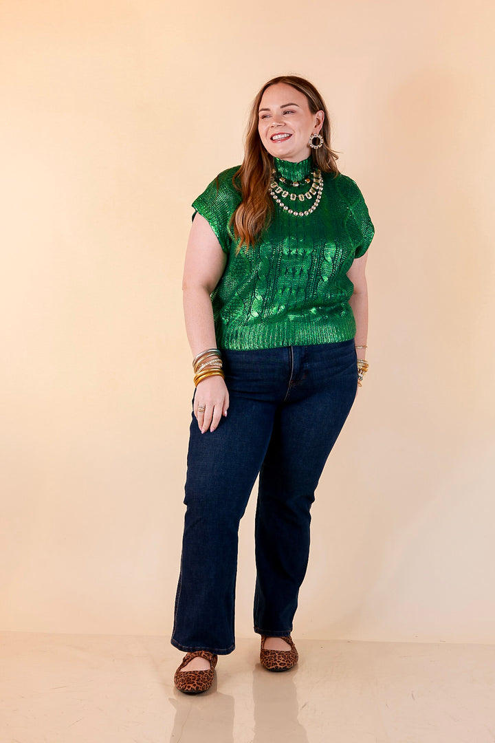 All That Glitters Metallic Cable Knit Sleeveless Mock Turtleneck Sweater Top in Green