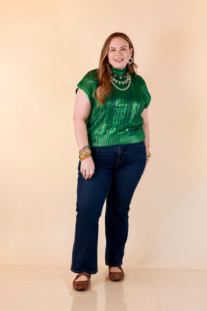 All That Glitters Metallic Cable Knit Sleeveless Mock Turtleneck Sweater Top in Green