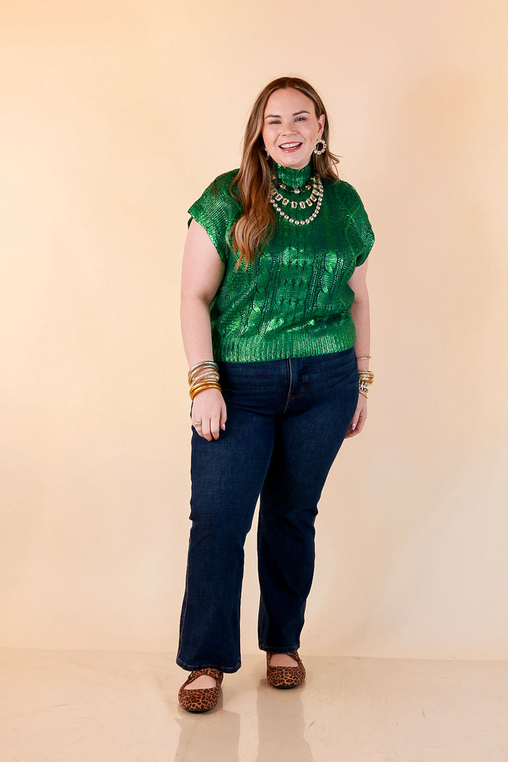 All That Glitters Metallic Cable Knit Sleeveless Mock Turtleneck Sweater Top in Green