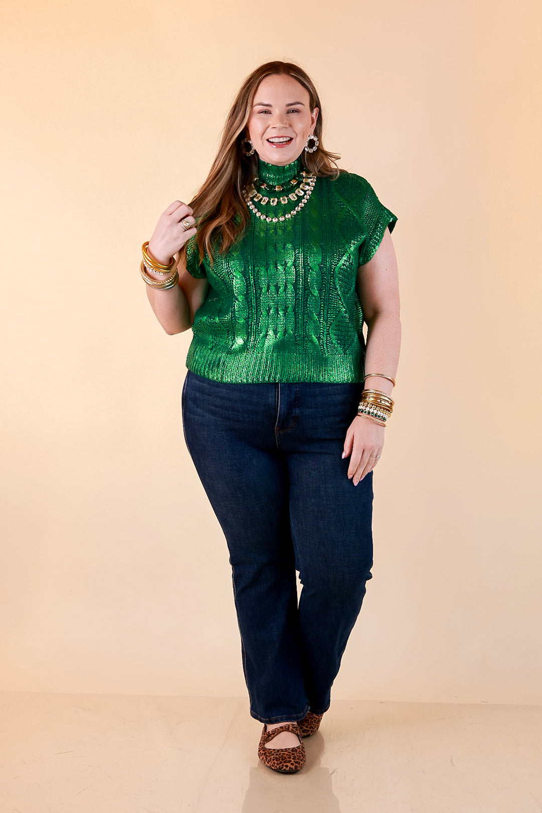 All That Glitters Metallic Cable Knit Sleeveless Mock Turtleneck Sweater Top in Green