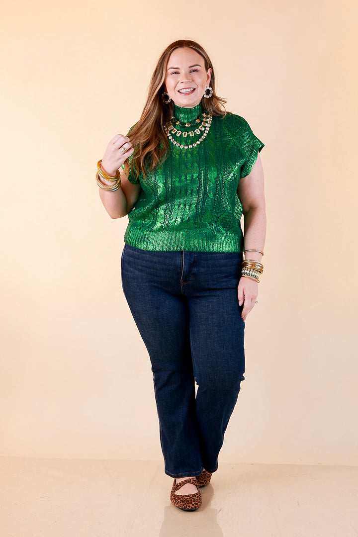 All That Glitters Metallic Cable Knit Sleeveless Mock Turtleneck Sweater Top in Green