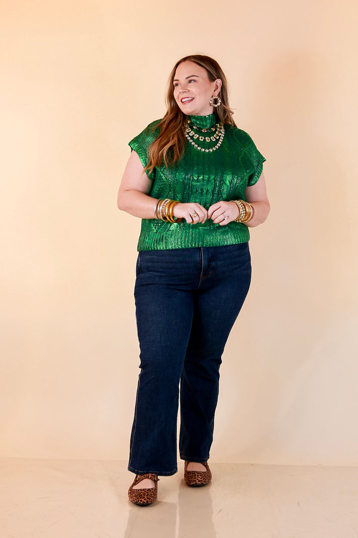 All That Glitters Metallic Cable Knit Sleeveless Mock Turtleneck Sweater Top in Green