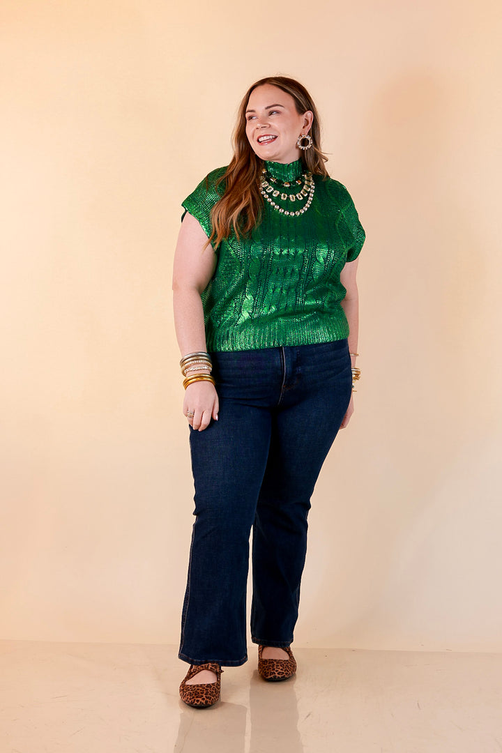 All That Glitters Metallic Cable Knit Sleeveless Mock Turtleneck Sweater Top in Green