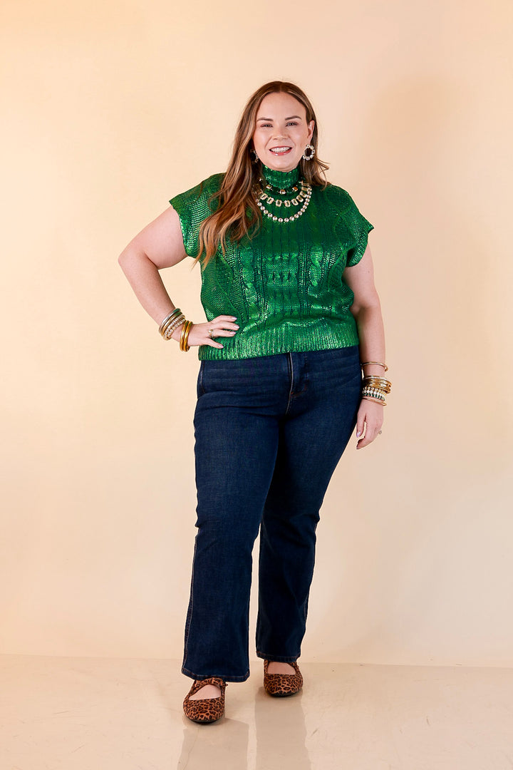All That Glitters Metallic Cable Knit Sleeveless Mock Turtleneck Sweater Top in Green