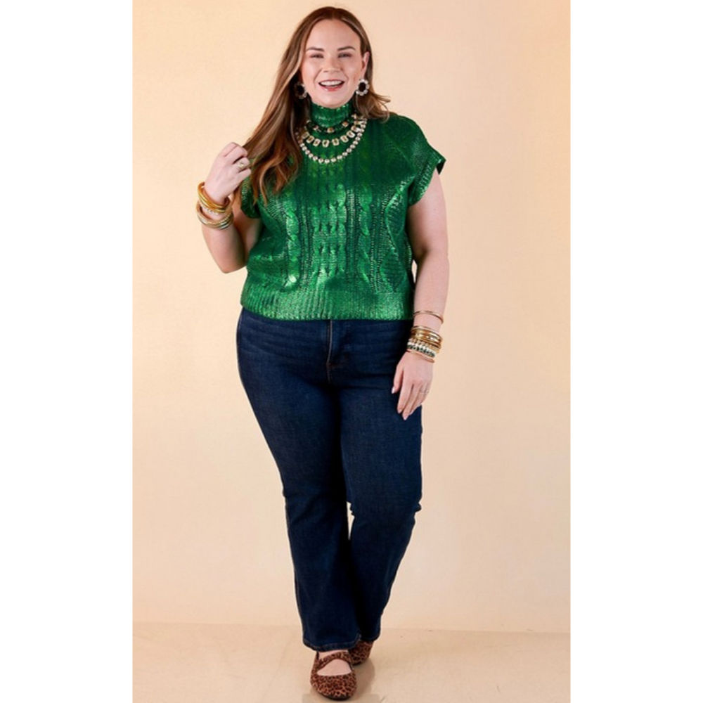 All That Glitters Metallic Cable Knit Sleeveless Mock Turtleneck Sweater Top in Green