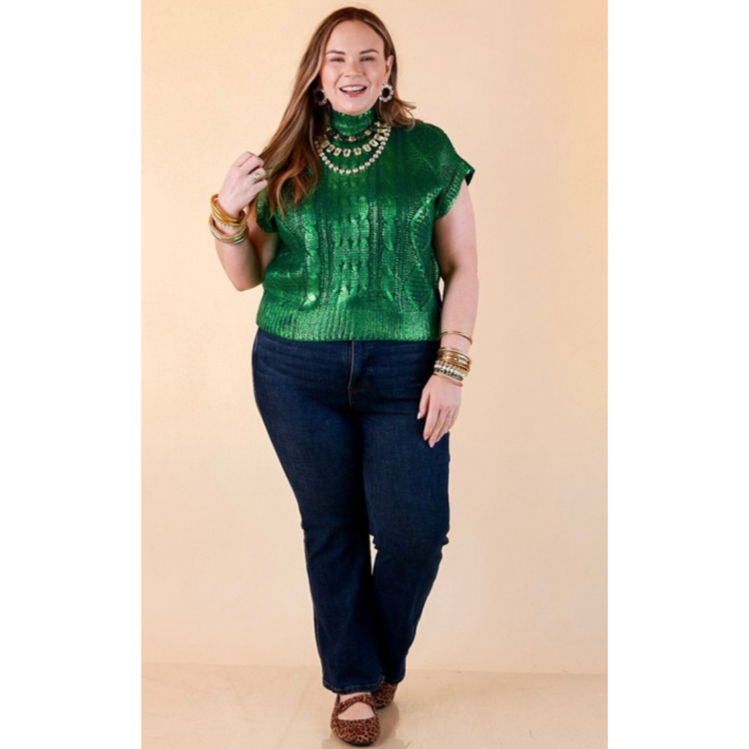 All That Glitters Metallic Cable Knit Sleeveless Mock Turtleneck Sweater Top in Green