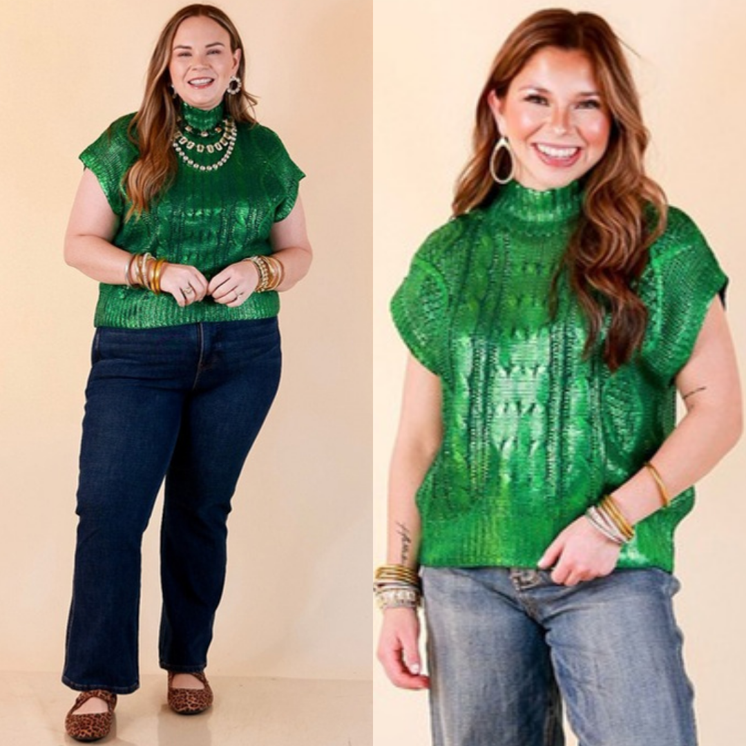 All That Glitters Metallic Cable Knit Sleeveless Mock Turtleneck Sweater Top in Green