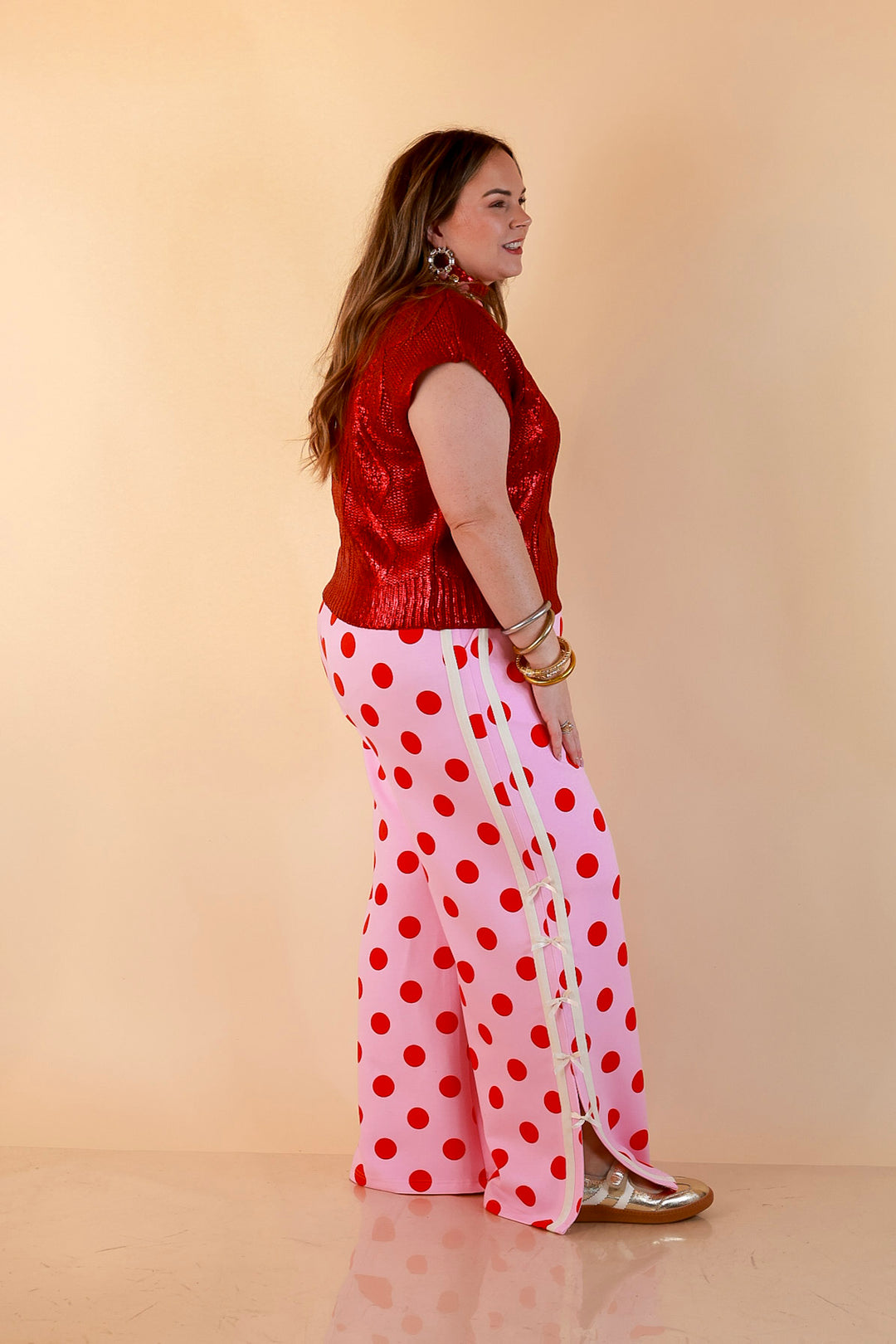 All That Glitters Metallic Cable Knit Sleeveless Mock Turtleneck Sweater Top in Red