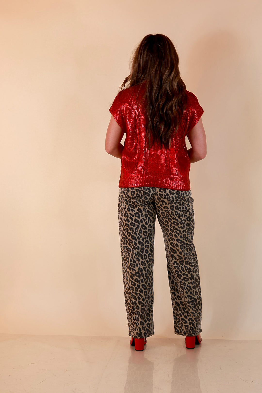 All That Glitters Metallic Cable Knit Sleeveless Mock Turtleneck Sweater Top in Red
