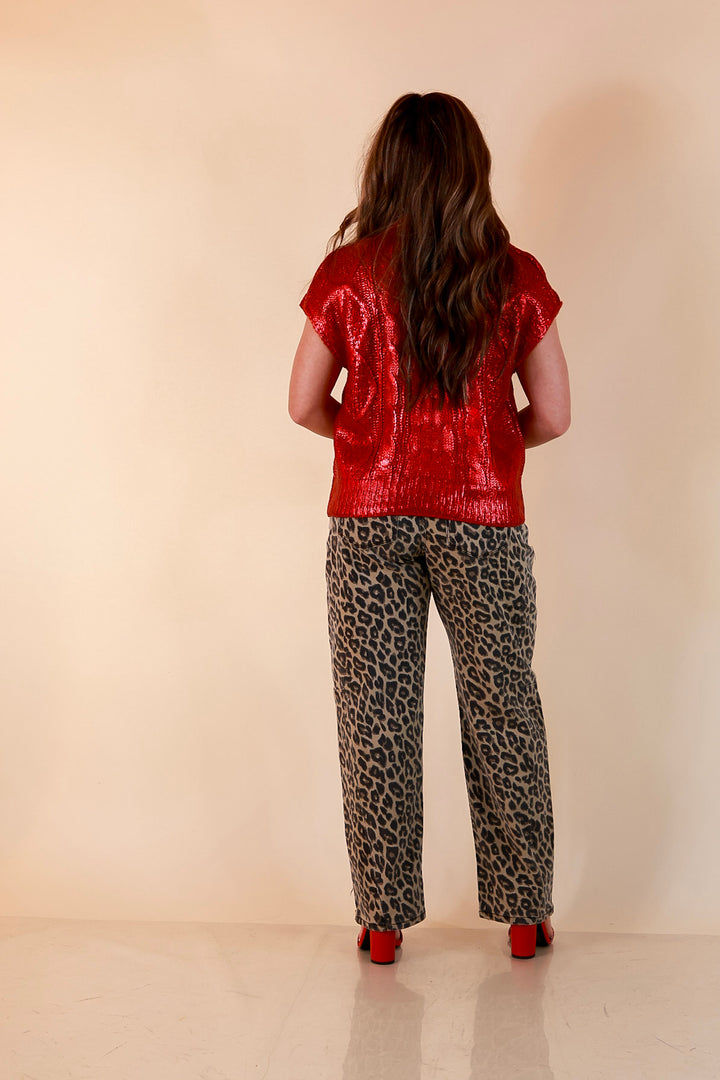 All That Glitters Metallic Cable Knit Sleeveless Mock Turtleneck Sweater Top in Red