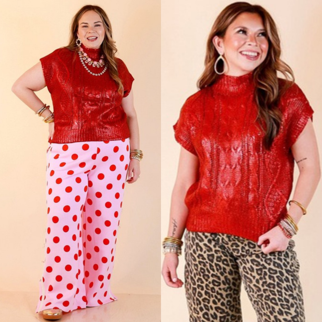 All That Glitters Metallic Cable Knit Sleeveless Mock Turtleneck Sweater Top in Red