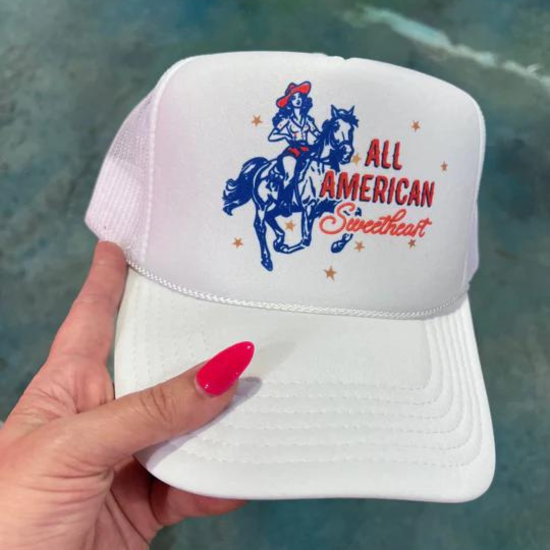 Online Exclusive | All American Sweetheart Foam Trucker Cap in White - Giddy Up Glamour Boutique