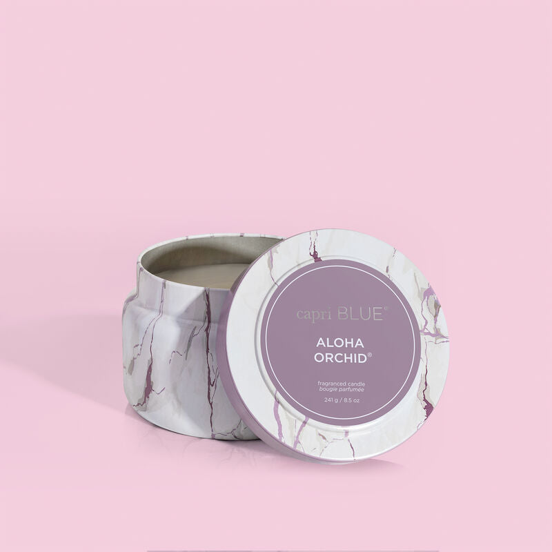 Capri Blue | 8.5 oz. Modern Marble Travel Tin Candle in Amethyst | Aloha Orchid - Giddy Up Glamour Boutique