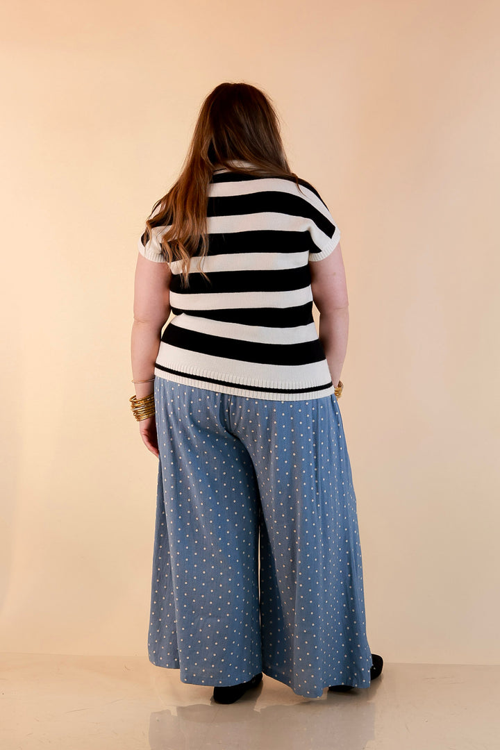 Along These Lines Striped Short Sleeve Collared Polo Sweater Top in Ivory with Black Stripes