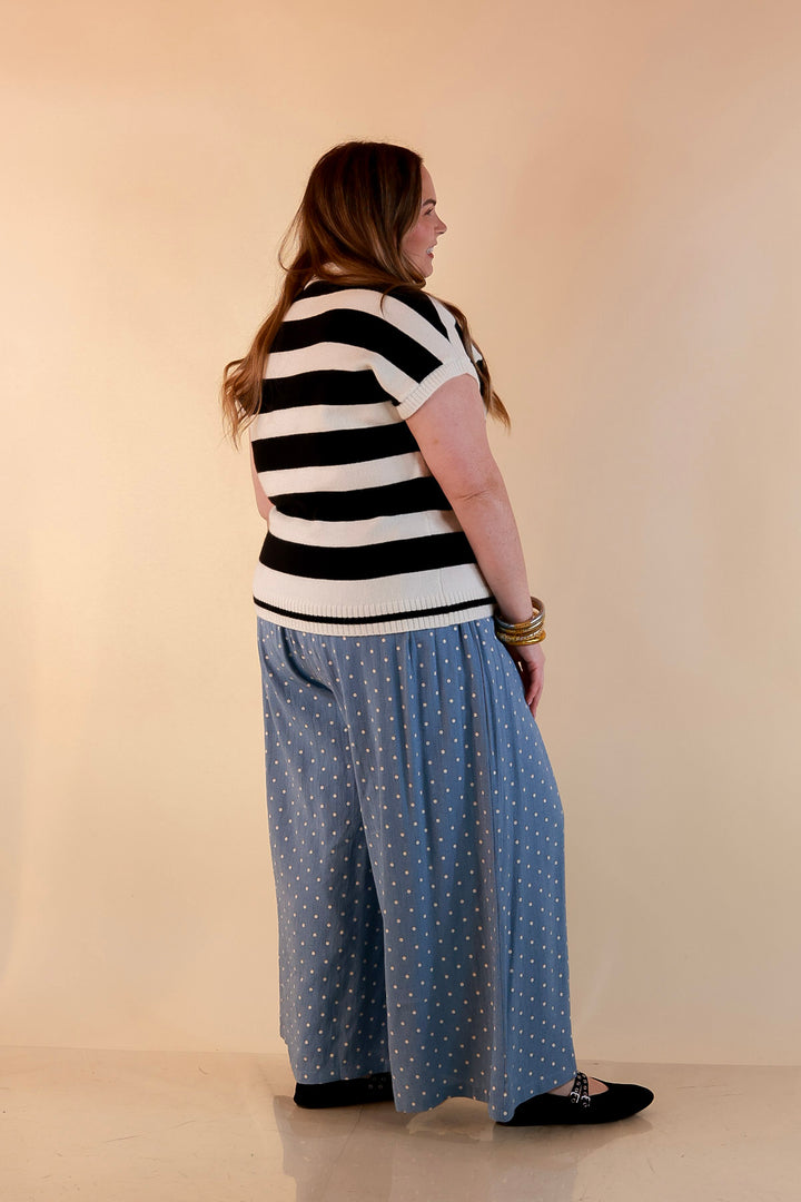 Along These Lines Striped Short Sleeve Collared Polo Sweater Top in Ivory with Black Stripes
