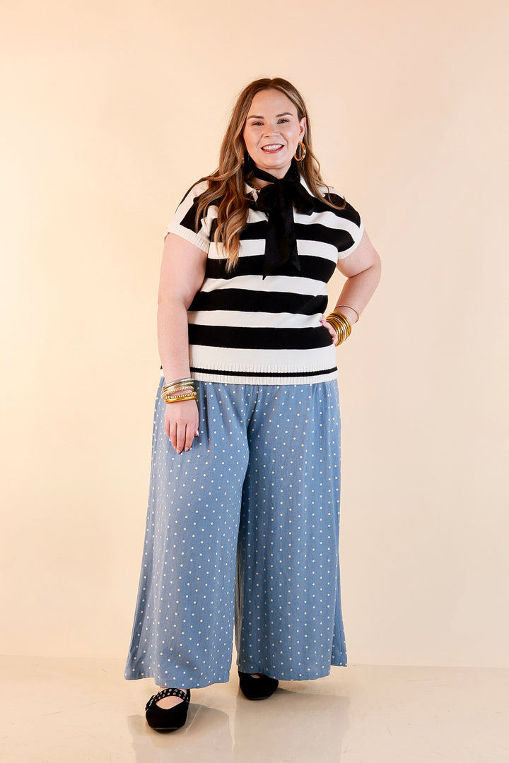 Along These Lines Striped Short Sleeve Collared Polo Sweater Top in Ivory with Black Stripes