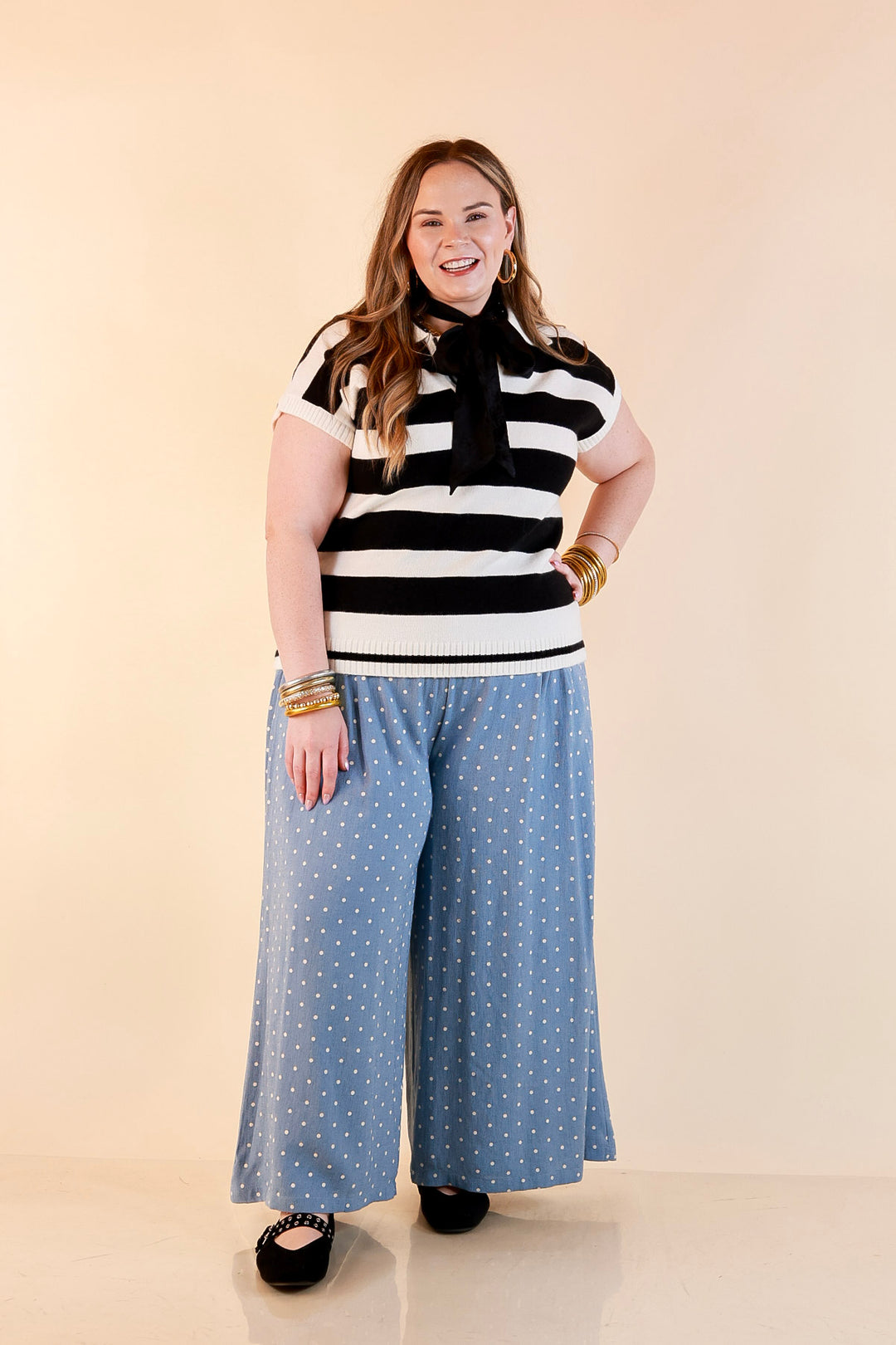 Along These Lines Striped Short Sleeve Collared Polo Sweater Top in Ivory with Black Stripes