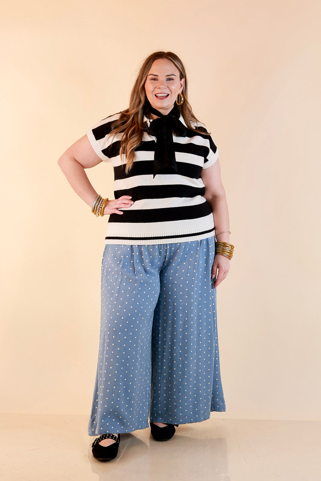 Along These Lines Striped Short Sleeve Collared Polo Sweater Top in Ivory with Black Stripes