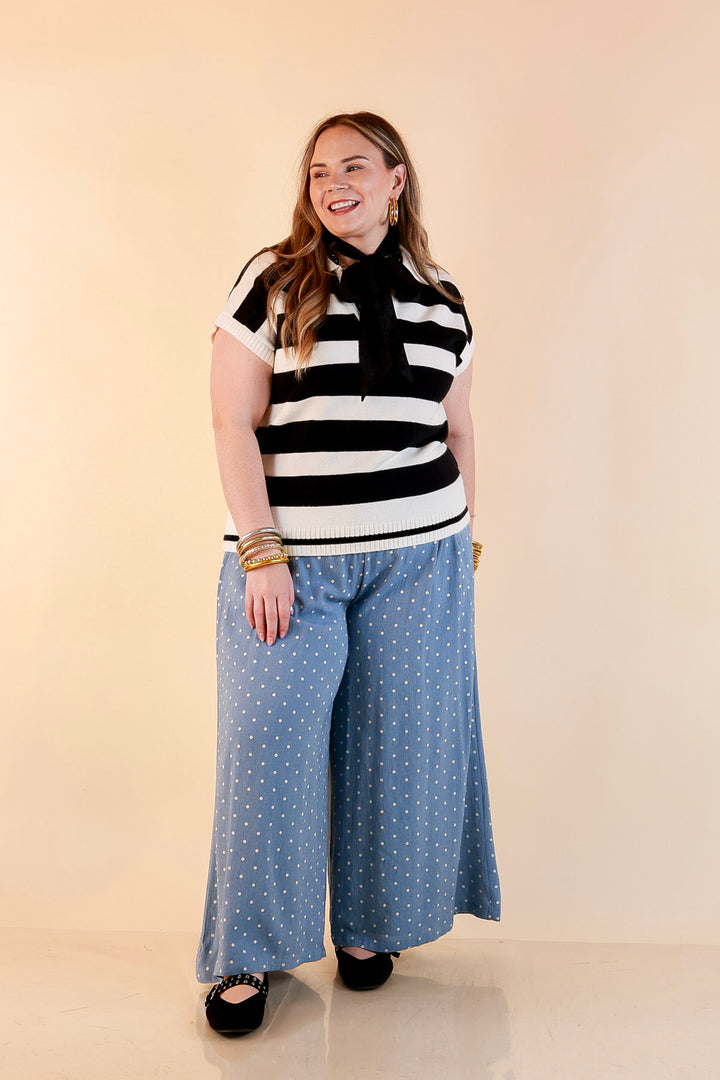 Along These Lines Striped Short Sleeve Collared Polo Sweater Top in Ivory with Black Stripes