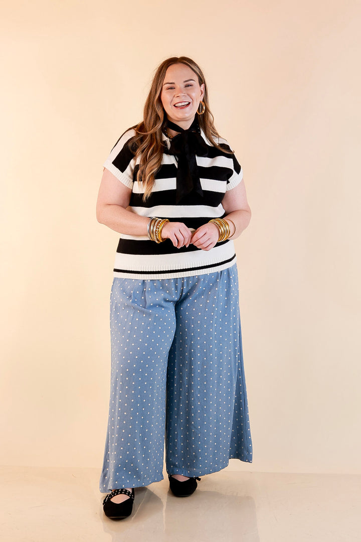 Along These Lines Striped Short Sleeve Collared Polo Sweater Top in Ivory with Black Stripes