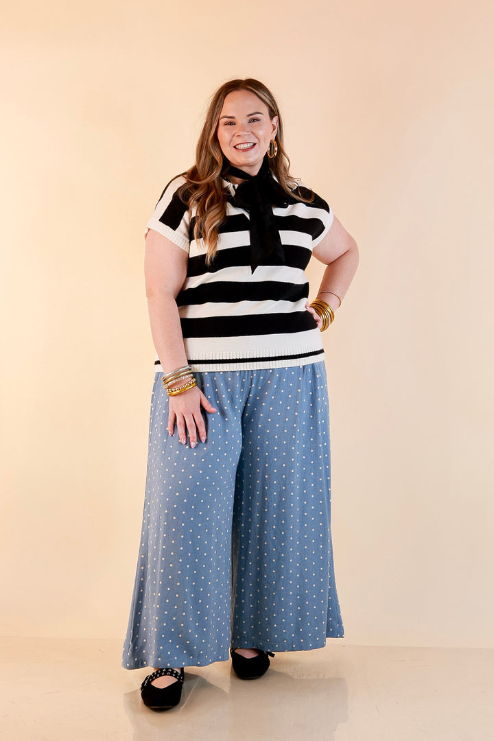 Along These Lines Striped Short Sleeve Collared Polo Sweater Top in Ivory with Black Stripes