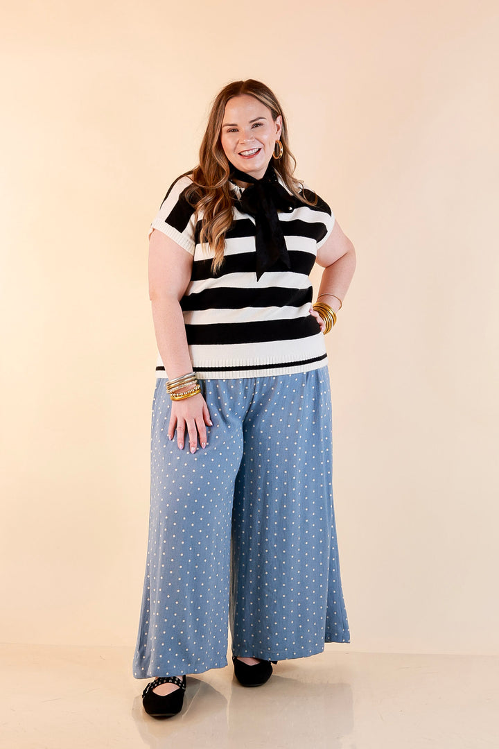 Along These Lines Striped Short Sleeve Collared Polo Sweater Top in Ivory with Black Stripes