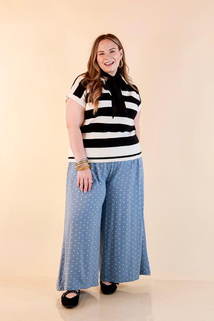 Along These Lines Striped Short Sleeve Collared Polo Sweater Top in Ivory with Black Stripes