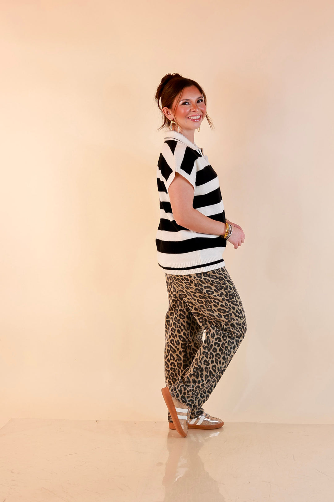 Along These Lines Striped Short Sleeve Collared Polo Sweater Top in Ivory with Black Stripes