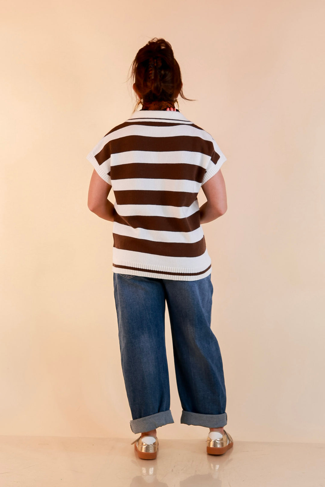 Along These Lines Striped Short Sleeve Collared Polo Sweater Top in Ivory with Chocolate Brown Stripes